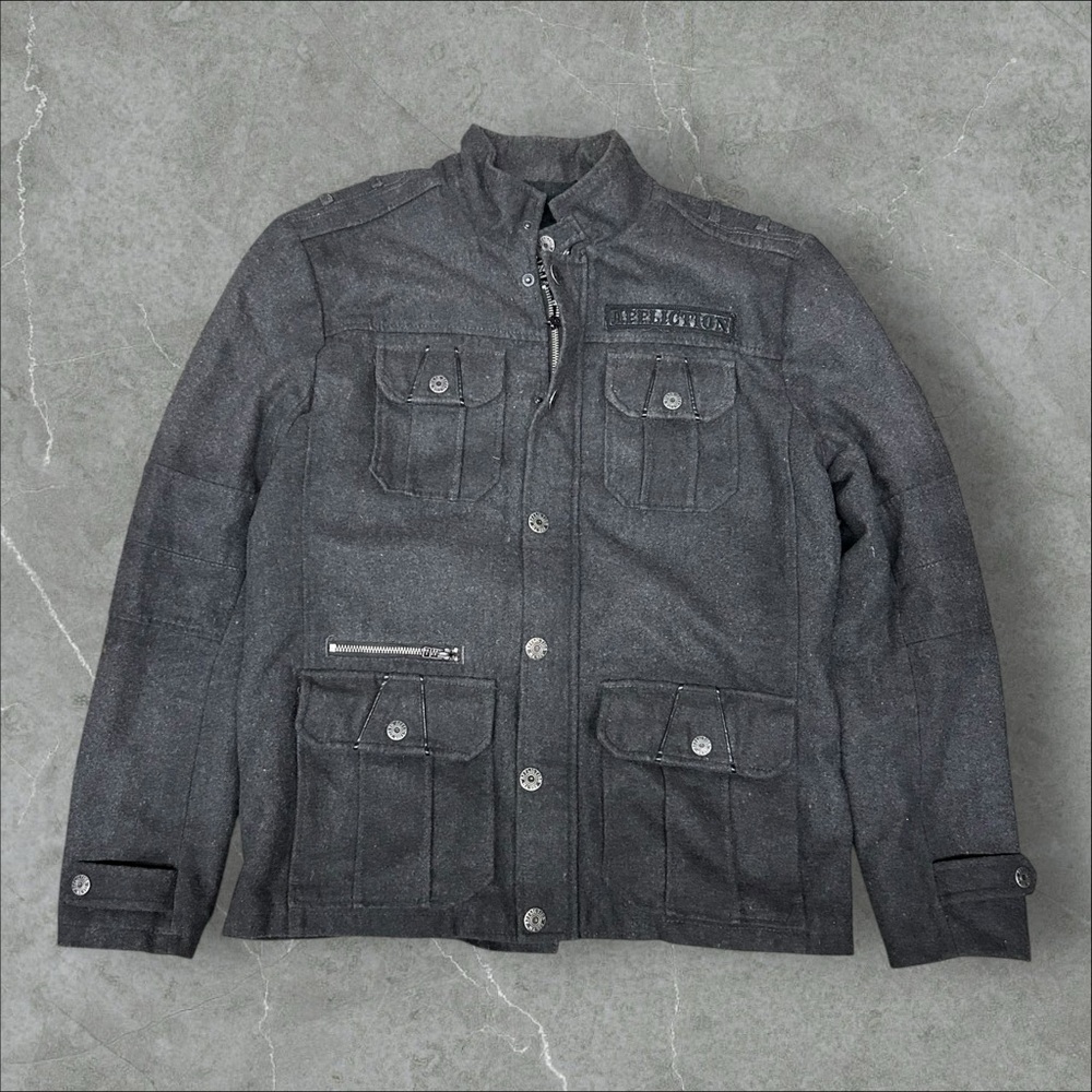 Affliction Premium Jacket Mens Large‎ Grey Y2K Wool Blend Cross Military Gothic